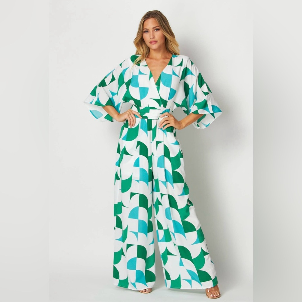 NWT Lauren Wide Leg Printed Jumpsuit | Green Blue Geometric | V-Neck Belted